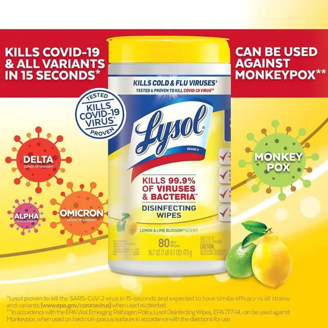 Alt view image 2 of 6 - Lysol Disinfectant Wipes, Multi-Surface Antibacterial Cleaning Wipes, For Disinfecting and Cleaning, Lemon and Lime Blossom, 80 Count (Pack of 1)