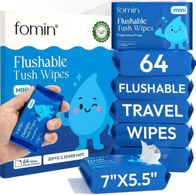 Main image of Compact Travel Flushable Wipes 8 Pack (64 Wipes Total) - Unscented Travel Size Wet Wipes for Adults - pH Balanced, Biodegradable, Plant-Based - Hypoallergenic Tush Wipes for Women & Men