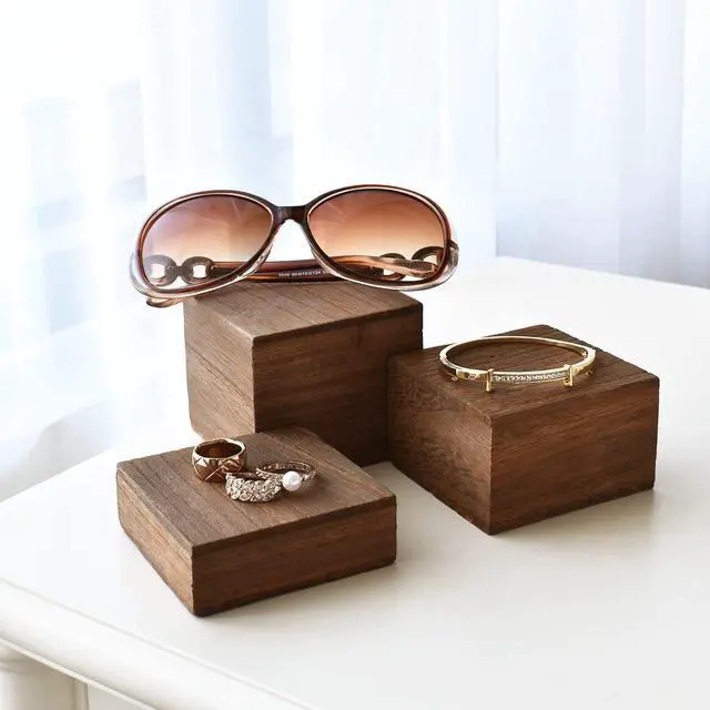Alt view image 3 of 7 - Customizable Wooden Display Risers Set - 3 Different Height Stands for Jewelry, Watches, Cosmetics, and Accessory, Brown Color