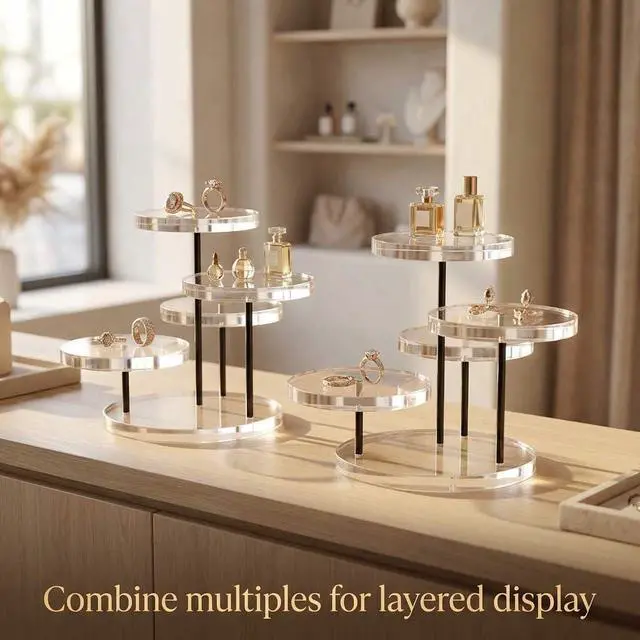 Alt view image 4 of 7 - Round Acrylic Products Display Riser Stands, 3 Tier Jewelry Display Stands for Rings Earrings,Mini Figurines, Clear, 2 Pack