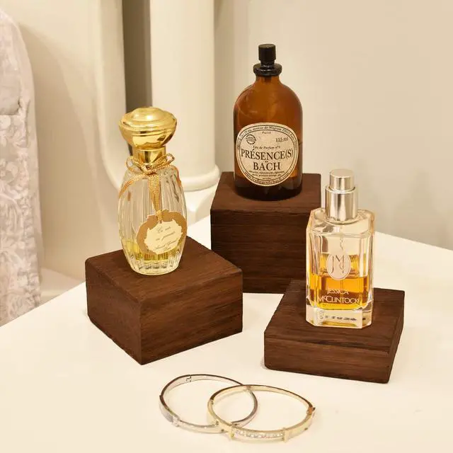 Alt view image 7 of 7 - Customizable Wooden Display Risers Set - 3 Different Height Stands for Jewelry, Watches, Cosmetics, and Accessory, Brown Color