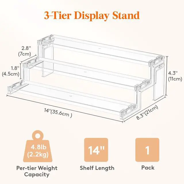 Alt view image 3 of 7 - Spice Rack, Perfume Cologne Organizer, Cupcake Stand, Tool-Free Assembly, Display Riser Shelf, Seasoning Figurine Makeup Holder, Room Decor, Kitchen Cabinet Storage, Clear, 14in-3 Tier, 1 Pcs