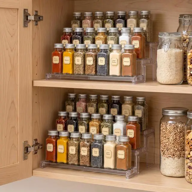 Alt view image 7 of 7 - Spice Rack, Perfume Cologne Organizer, Cupcake Stand, Tool-Free Assembly, Display Riser Shelf, Seasoning Figurine Makeup Holder, Room Decor, Kitchen Cabinet Storage, Clear, 14in-3 Tier, 1 Pcs