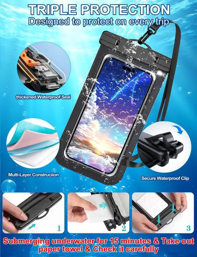 Alt view image 5 of 7 - 3 Pack White Waterproof Phone Pouch, Phone Waterproof Case,Cell Phone Dry Bag,Protection Level: IP68,Beach Cruise for iPhone,Samsung,and More,Lanyard Included,(Fits Up to 8.3"),White