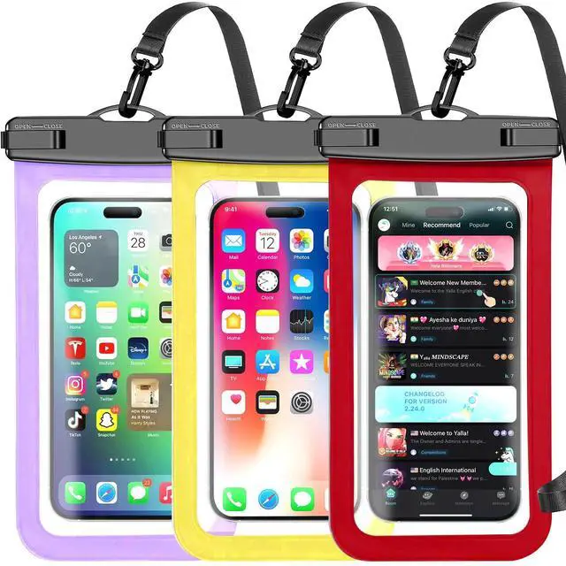 Main image of Waterproof Phone Pouch,3 Pack Multicolor Cell Phone Waterproof Case Dry Bag,Protection Level: IP68,Beach Cruise for Apple iPhone,Samsung,and More,Lanyard Included,(Fits Up to 8.3),Red,Purple,Yellow