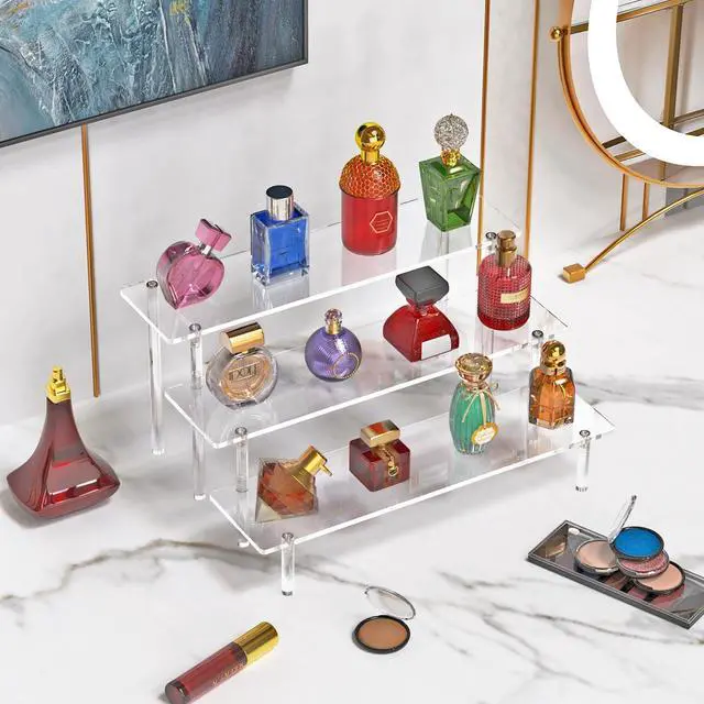 Alt view image 5 of 7 - 3 Tier Acrylic Display Risers, Large Perfume Organizer Stand, Clear Cupcake Stand Holder, Display Shelves for Figurines, Dessert Shelf for Party, Risers Display Stand for Decoration (1 Pack)