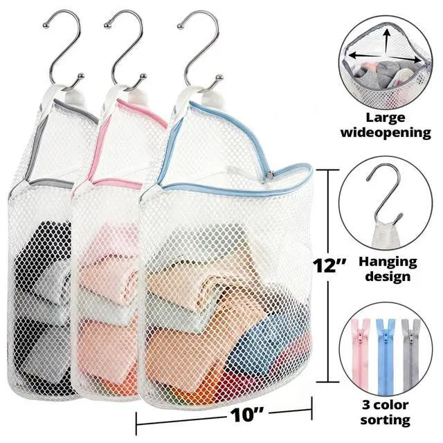 Alt view image 6 of 7 - 3Pcs Hanging Laundry Bags for Socks with S Hooks, 12 X 10 inch 3 Color Mesh Laundry Bags for Washing Machine