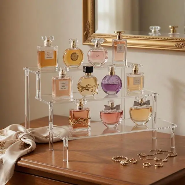 Alt view image 3 of 7 - 3 Tier Acrylic Display Stand Risers, Clear Tabletop Display Shelf for Perfume, Figures & Collectibles, Thick Acrylic Organizer for Cupcake, Cosmetics & Home Decoration