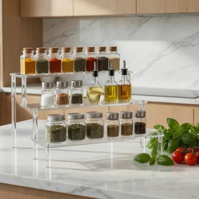 Alt view image 6 of 7 - 3 Tier Acrylic Display Stand Risers, Clear Tabletop Display Shelf for Perfume, Figures & Collectibles, Thick Acrylic Organizer for Cupcake, Cosmetics & Home Decoration