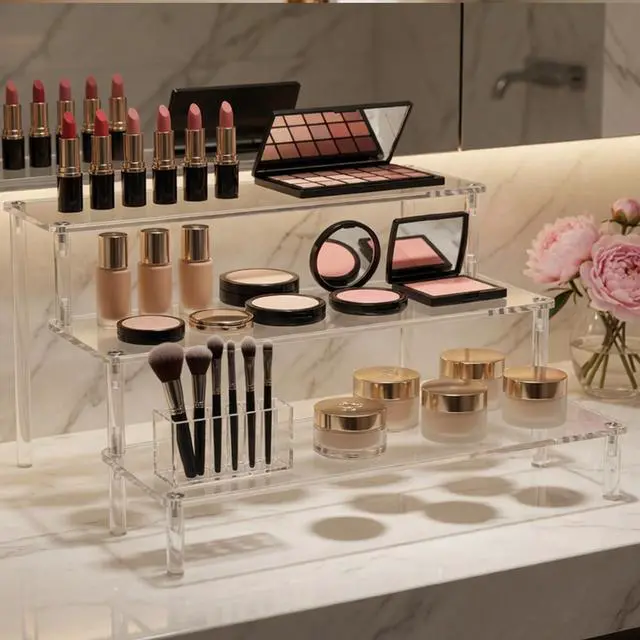 Alt view image 7 of 7 - 3 Tier Acrylic Display Stand Risers, Clear Tabletop Display Shelf for Perfume, Figures & Collectibles, Thick Acrylic Organizer for Cupcake, Cosmetics & Home Decoration
