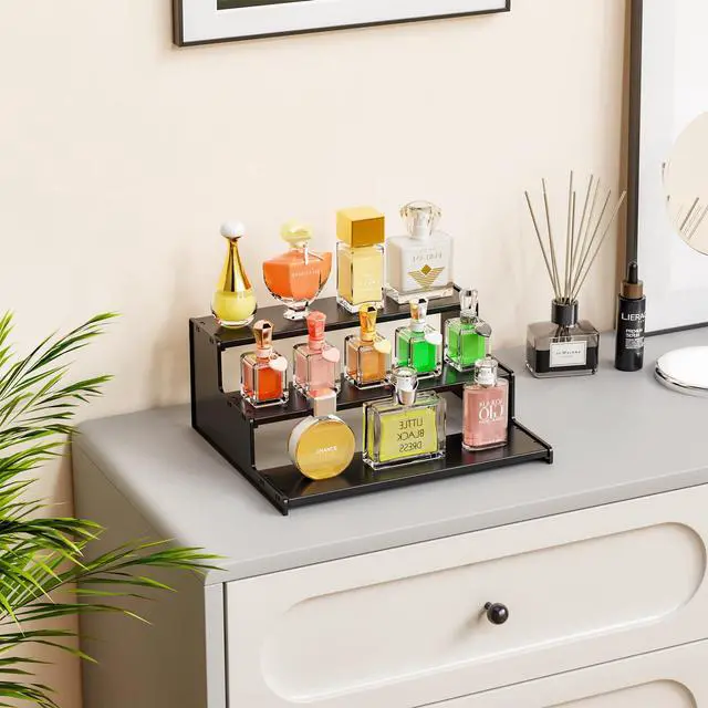 Alt view image 2 of 7 - Cologne Stand for Men,3 Tier Black Perfume Tray for Cologne,Acrylic Display Risers for Collection,Fragrance,Cupcake,Figure Display Shelf,Perfume Stand Organizer,Product Fragrance Display Stand