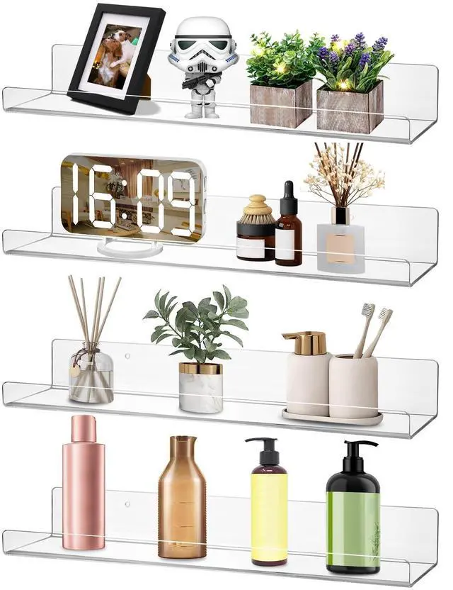 Main image of 4 Pack Acrylic Shelves for Wall, 15" Clear Acrylic Floating Shelves for Bathroom Bedroom, Invisible Bookshelf Wall Ledge Storage Shelf Books Perfume Toys Action Figure Display Shelves