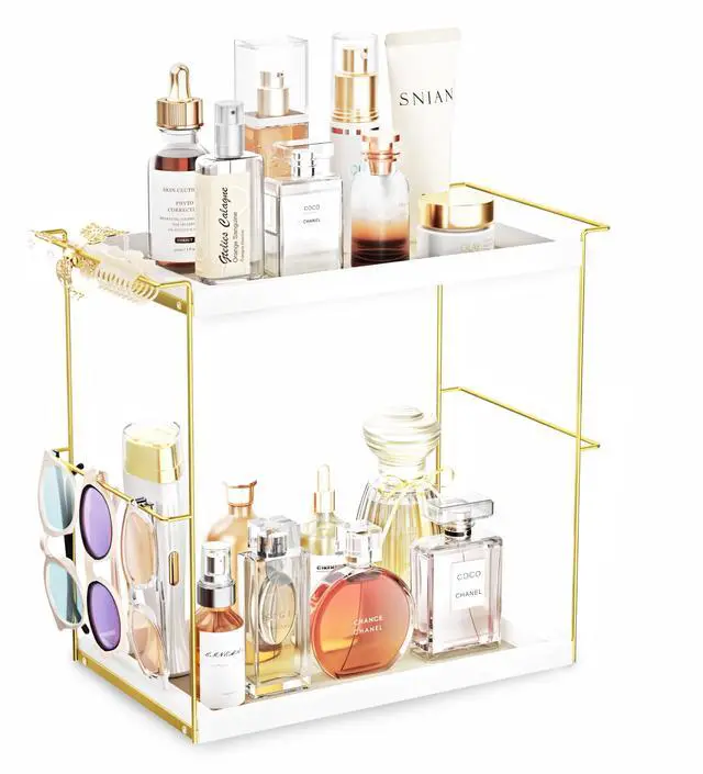 Main image of Perfume Organizer for Women, 2 Tier Wooden and Metal Cologne Organizer for Men, Large Capacity Perfume Stand Holder Tray for Vanity Bathroom Countertop Organizers and Storage (White and Gold)
