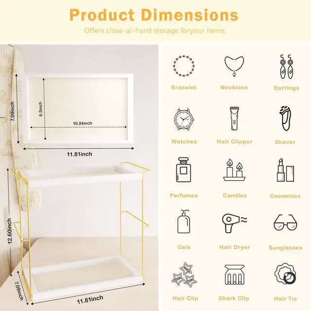 Alt view image 2 of 7 - Perfume Organizer for Women, 2 Tier Wooden and Metal Cologne Organizer for Men, Large Capacity Perfume Stand Holder Tray for Vanity Bathroom Countertop Organizers and Storage (White and Gold)