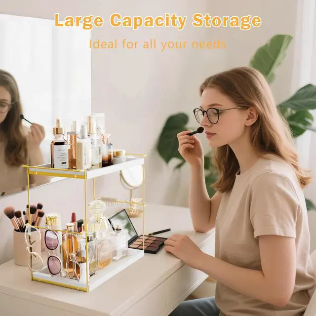 Alt view image 3 of 7 - Perfume Organizer for Women, 2 Tier Wooden and Metal Cologne Organizer for Men, Large Capacity Perfume Stand Holder Tray for Vanity Bathroom Countertop Organizers and Storage (White and Gold)