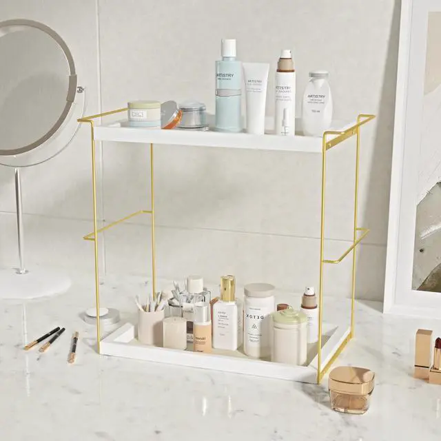 Alt view image 5 of 7 - Perfume Organizer for Women, 2 Tier Wooden and Metal Cologne Organizer for Men, Large Capacity Perfume Stand Holder Tray for Vanity Bathroom Countertop Organizers and Storage (White and Gold)