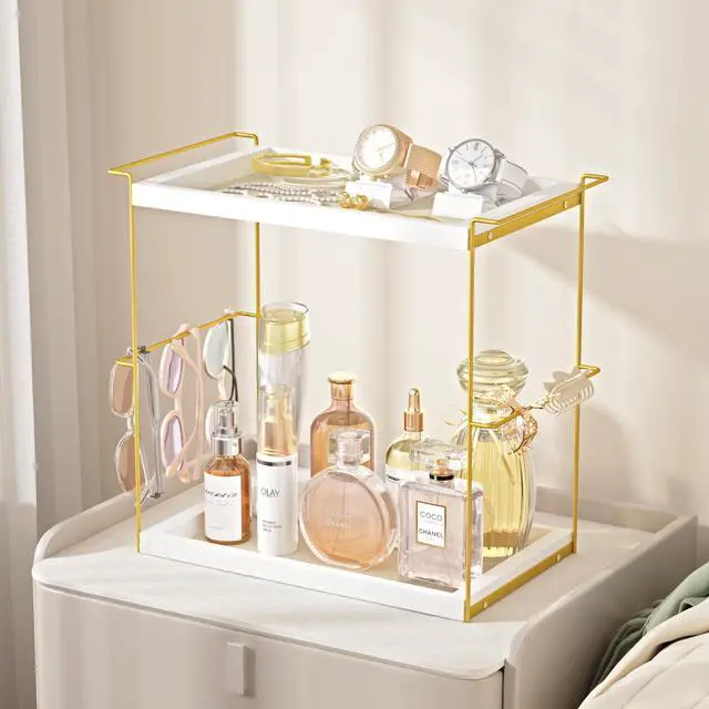 Alt view image 6 of 7 - Perfume Organizer for Women, 2 Tier Wooden and Metal Cologne Organizer for Men, Large Capacity Perfume Stand Holder Tray for Vanity Bathroom Countertop Organizers and Storage (White and Gold)