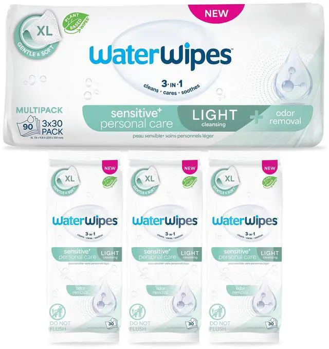Main image of Sensitive Personal Care Light, Incontinence Wipes, Odor Removal, XL Textured Wipes, Fragrance Free, 90 Count (3 Packs)