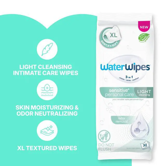 Alt view image 2 of 7 - Sensitive Personal Care Light, Incontinence Wipes, Odor Removal, XL Textured Wipes, Fragrance Free, 90 Count (3 Packs)