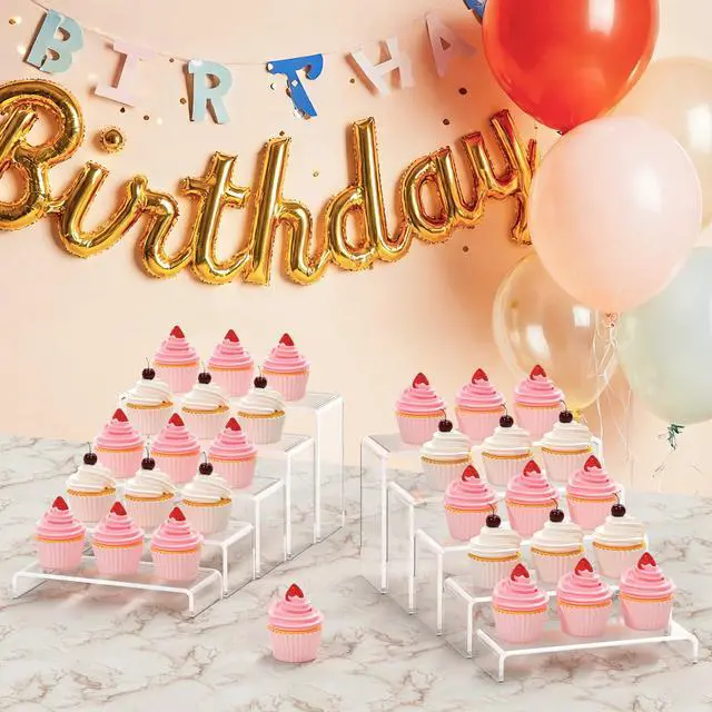 Alt view image 4 of 7 - 6 Pcs Large Acrylic Display Risers (7" L~8" L), Sturdy Rectangular Dessert Stands, Perfume Shelf Organizer, Clear Riser Stands, Display Shelves for Cupcake, Perfume, Figure, Collection, Decoration.