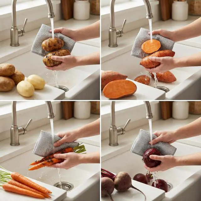 Alt view image 3 of 7 - 16 Pack Double-Layer Stainless Steel Dishcloths - Non-Scratch Wire Cleaning Rags, Reusablediamond Weave Scrubber Cloths for Dishes, Cookware, Sinks, Stove Tops - 7.8 x 7.8 Inches