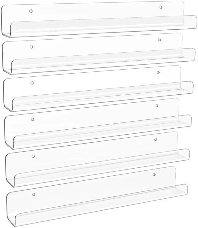Main image of 6 Pack Narrow Clear Acrylic Shelves, 12" x 1.7" Small Wall Shelf for Nail Polish, Vinyl Wall Mount, Record Holder, Magazine Rack, Comic Display, Picture Ledge Shelf