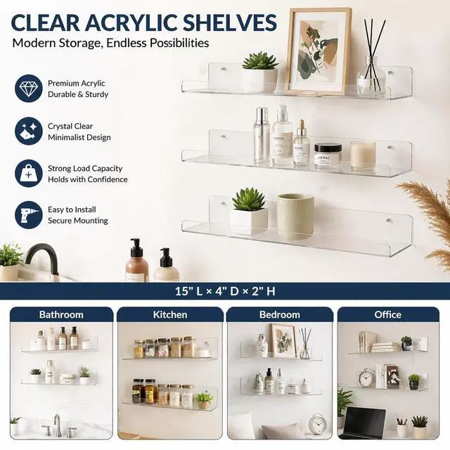 Alt view image 2 of 7 - Clear Acrylic Shelves for Bathroom, 15'' Floating Shelves Wall Organizer for Perfume, Skincare, Bookshelf Organizer for Bedroom, Kids Room, Living Room, Room Decor