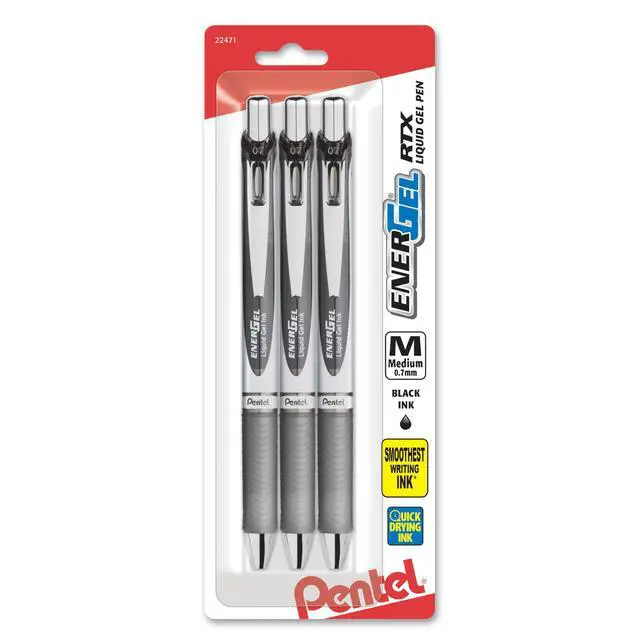 Main image of EnerGel RTX Liquid Gel Ink Pens, (0.7mm), Medium Line, Black Ink, Pack of 3 (BL77BP3A)