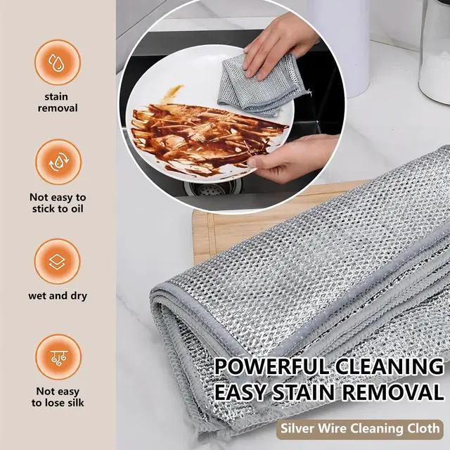 Alt view image 3 of 6 - Reuseable Cleaning Cloth,Soft Wire Dishwashing Rags ,Double layer multi-purpose anti-scratch steel wire multi-purpose cleaning cloth,Suitable for tableware, metal,kitchen,home,office (10-Silver)