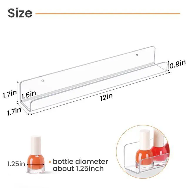 Alt view image 2 of 7 - 6 Pack Narrow Clear Acrylic Shelves, 12" x 1.7" Small Wall Shelf for Nail Polish, Vinyl Wall Mount, Record Holder, Magazine Rack, Comic Display, Picture Ledge Shelf