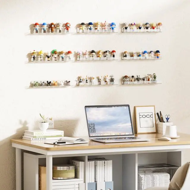 Alt view image 3 of 7 - 6 Pack Narrow Clear Acrylic Shelves, 12" x 1.7" Small Wall Shelf for Nail Polish, Vinyl Wall Mount, Record Holder, Magazine Rack, Comic Display, Picture Ledge Shelf