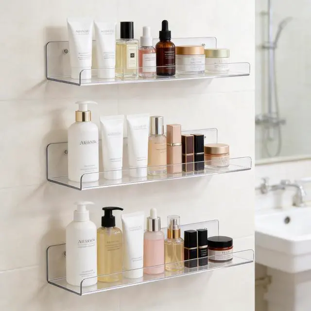 Alt view image 5 of 7 - Clear Acrylic Shelves for Bathroom, 15'' Floating Shelves Wall Organizer for Perfume, Skincare, Bookshelf Organizer for Bedroom, Kids Room, Living Room, Room Decor