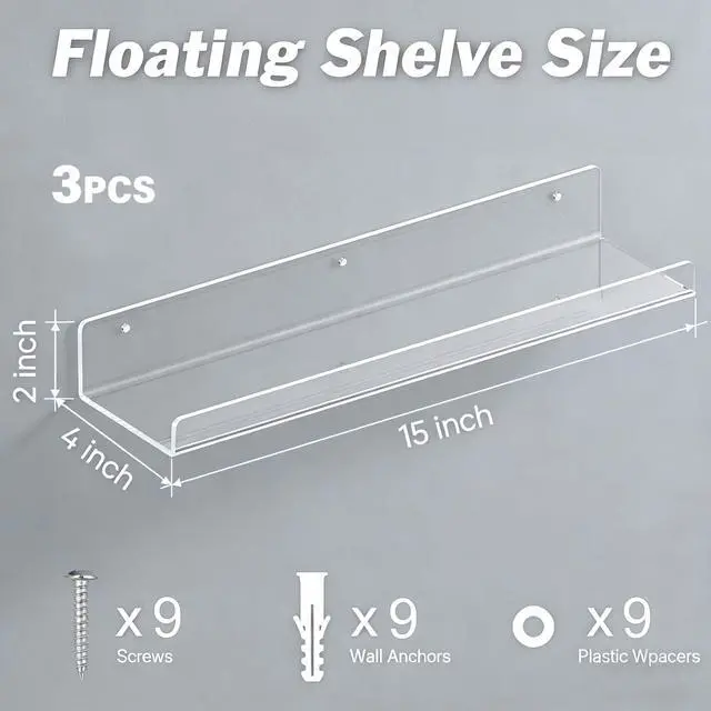 Alt view image 3 of 7 - Clear Acrylic Shelves for Bathroom, 15'' Floating Shelves Wall Organizer for Perfume, Skincare, Bookshelf Organizer for Bedroom, Kids Room, Living Room, Room Decor