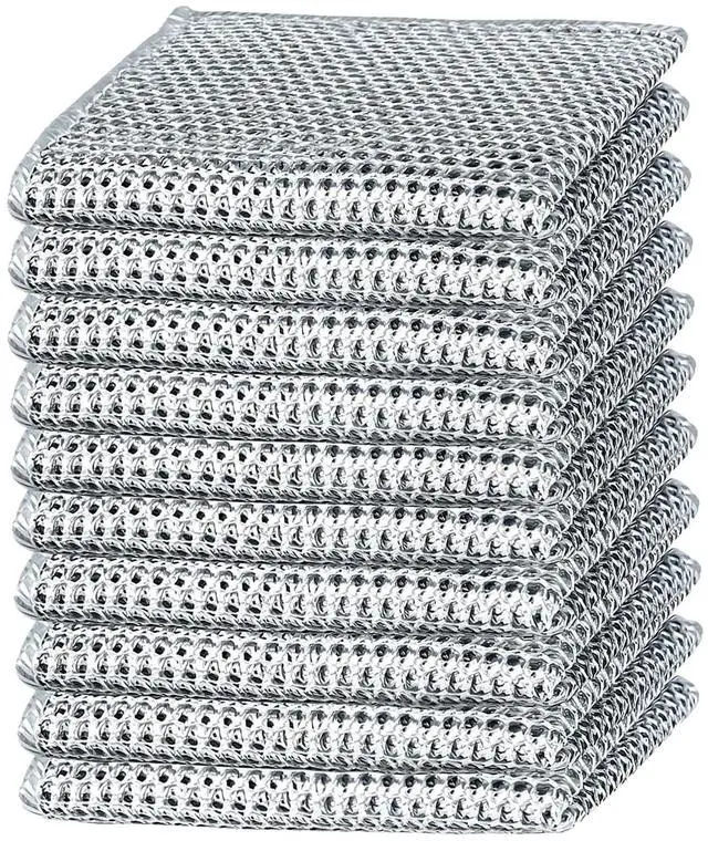 Main image of 10-Pack Double-Layer Dry/Wet Dual-Use Metal Wire Non-Scratch Cloth Multi-Purpose Magic Cleaning Cloth Silver Wire Dish Cloth for Cookware, Tableware, Sink, Stove Cleaning, etc.(10PCS)