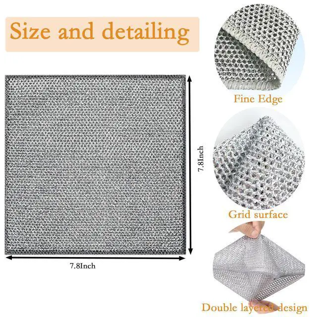 Alt view image 2 of 6 - 10-Pack Double-Layer Dry/Wet Dual-Use Metal Wire Non-Scratch Cloth Multi-Purpose Magic Cleaning Cloth Silver Wire Dish Cloth for Cookware, Tableware, Sink, Stove Cleaning, etc.(10PCS)