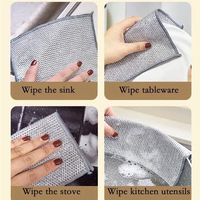 Alt view image 4 of 6 - 10-Pack Double-Layer Dry/Wet Dual-Use Metal Wire Non-Scratch Cloth Multi-Purpose Magic Cleaning Cloth Silver Wire Dish Cloth for Cookware, Tableware, Sink, Stove Cleaning, etc.(10PCS)