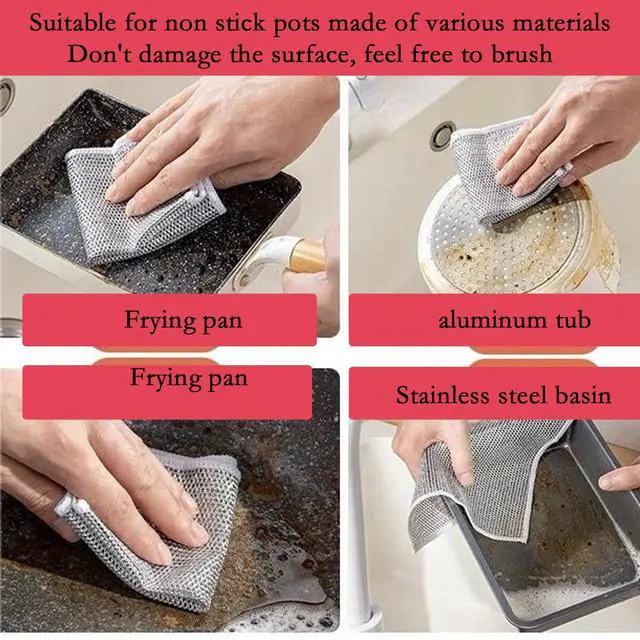 Alt view image 6 of 6 - 10-Pack Double-Layer Dry/Wet Dual-Use Metal Wire Non-Scratch Cloth Multi-Purpose Magic Cleaning Cloth Silver Wire Dish Cloth for Cookware, Tableware, Sink, Stove Cleaning, etc.(10PCS)
