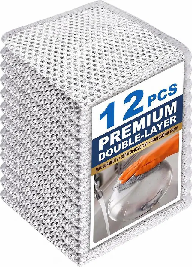 Main image of 12 Piece Upgraded 2 Layer Metal Dish Cloth Set, Non Scratch Odor Free Wire Dishwashing Rags, Reusable Kitchen Cleaning Cloths for Wet and Dry Use on Dishes, Sinks and Stovetops