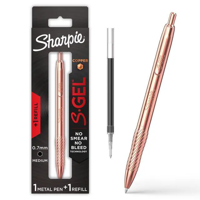 Main image of S-Gel Gel Pen, Copper Metal Body, Medium Point (0.7mm), Black Ink, Includes 1 Pen and 1 Additional Ink Refill