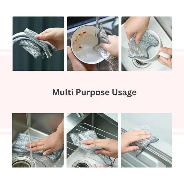 Alt view image 3 of 5 - Non Scratch Wire Dishwashing Rag, 8 Pack Double Layer Reusable Wire Dishcloth, Silver Mesh Metal Cleaning Cloth for Pots, Pans, Sink, Steel Cookware, Wet & Dry Cleaning