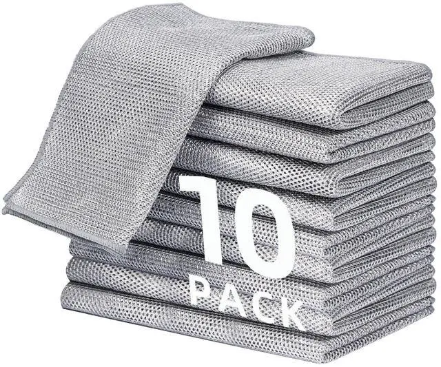Main image of 10 Pack Extra Large Non Scratch Wire Dishcloths, 30x30cm Double-Layer Silver Thread Kitchen Cleaning Rags, Dual-Sided Wet & Dry Reusable Steel Wire Dish Cloths for Cookware, Sinks, Stovetops