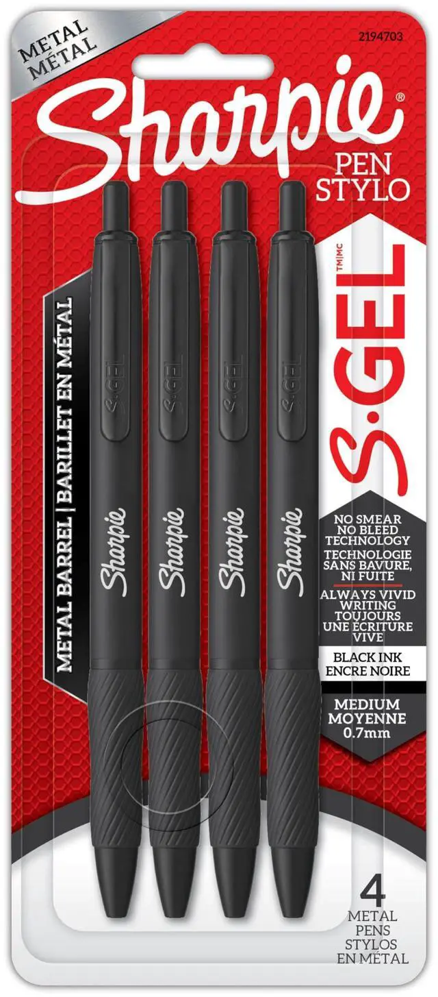 Main image of S-Gel, Gel Pens, Sleek Metal Barrel, Matte Black, Medium Point (0.7mm), Black Ink, 4 Count