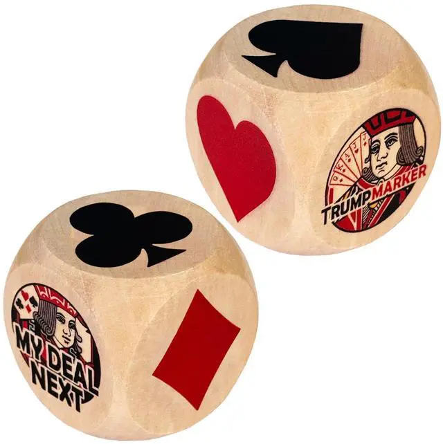 Main image of 2-Pack Trump Marker Dice, 2 Inch Wooden Euchre Cubes with Velvet Storage Bag, Trump Suit Indicator for Euchre, Pinochle, Bridge, Poker
