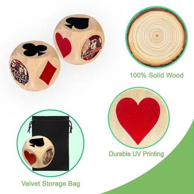 Alt view image 3 of 7 - 2-Pack Trump Marker Dice, 2 Inch Wooden Euchre Cubes with Velvet Storage Bag, Trump Suit Indicator for Euchre, Pinochle, Bridge, Poker