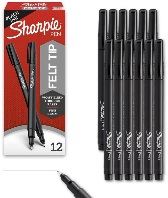 Main image of Felt Tip Pens, Fine Point (0.4mm), Felt Tip Markers, Black, 12 Count - Journaling, Art, Drawing, Teacher, Back to School