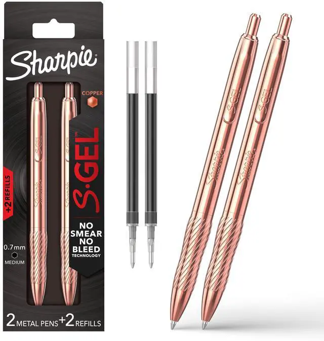 Main image of S-Gel Pens, Copper Metal Body, Medium Point (0.7mm), Black Gel Ink, Includes 2 Pens and 2 Additional Ink Refills