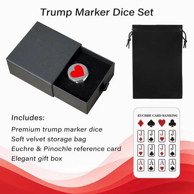 Alt view image 4 of 7 - Premium Trump Marker Dice, 1.25 Inch Metal Euchre Cube with Velvet Storage Bag, Trump Indicator for Euchre, Pinochle, Bridge, Poker, and Other Card Games
