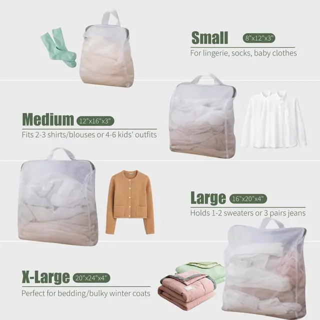 Alt view image 3 of 7 - GWT 4Pcs 3D Mesh Laundry Bags with Hanging Handles (S/M/L/XL) - Durable Zippered Wash Bags for Delicates, Shoes & Bulk Clothes - Space-Saving Foldable Design
