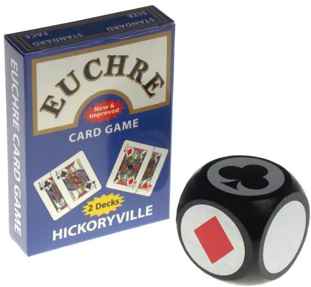 Main image of Euchre Playing Cards Bundle - 2 Euchre Decks in One Box with Black & White Suit Marker Dice