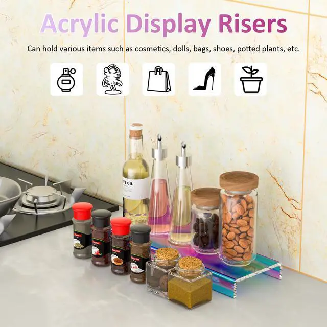 Alt view image 3 of 6 - Acrylic Shelf Riser 12x3.9x1 pack of 2, Iridescent Display Shelf 12 for Shoes, Glasses, Plants, Home Decors, Perfume, 12x3.9x1 Inch